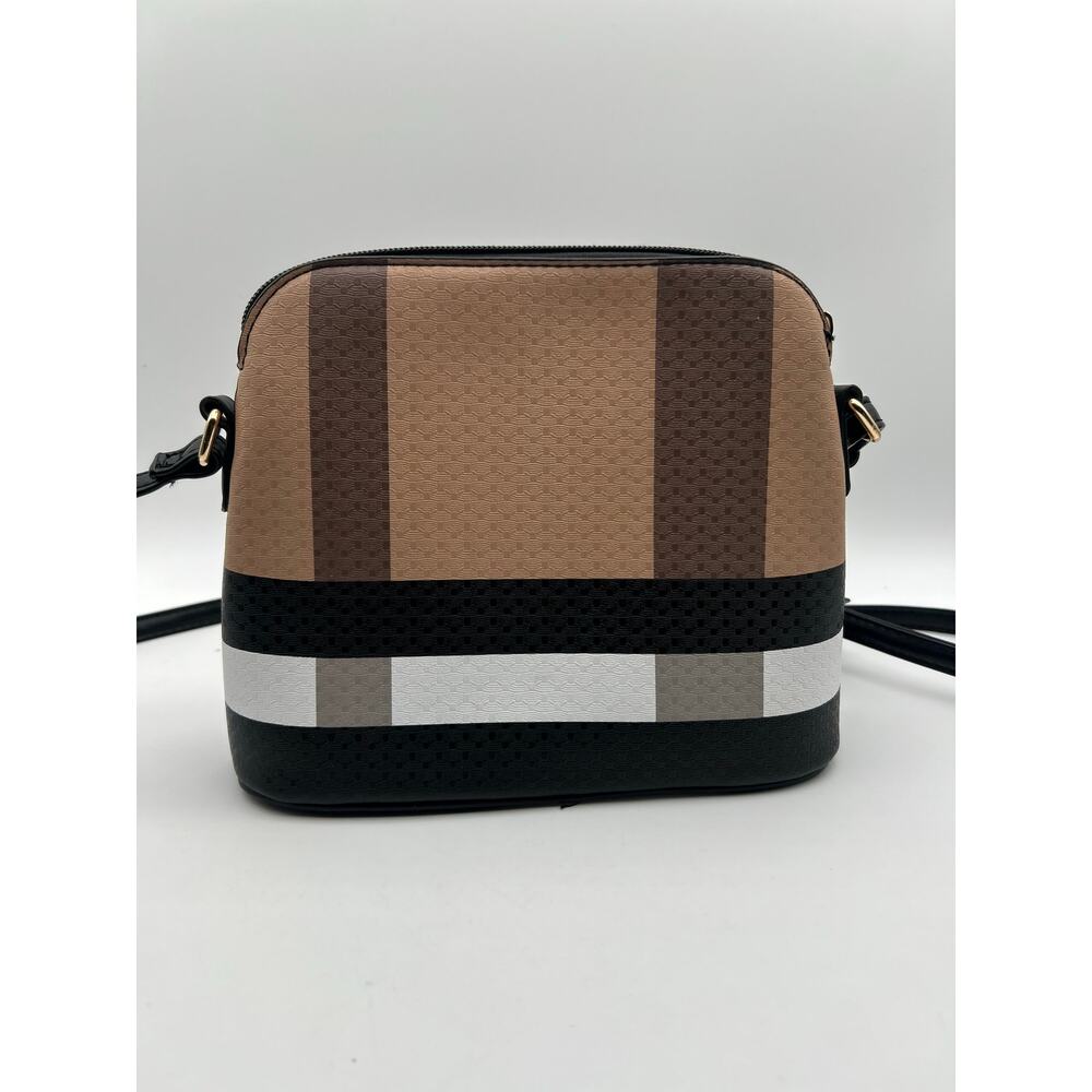 Beige Plaid Check Crossbody Bag Black Tassel Gold Hardware Small Shoulder Purse